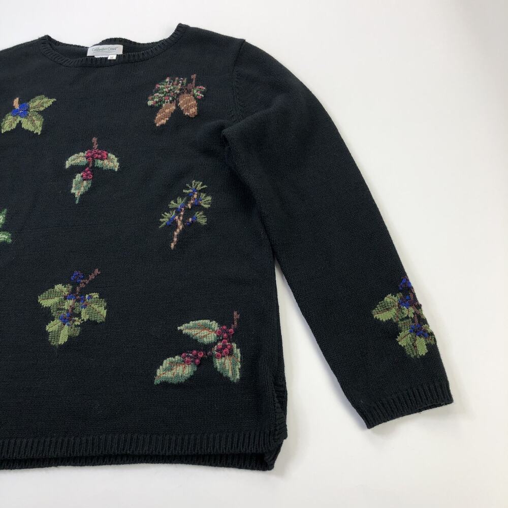 Coldwater Creek Medium Ramie Embroidered Holiday Leaf Pullover Sweater Black - Picture 2 of 10